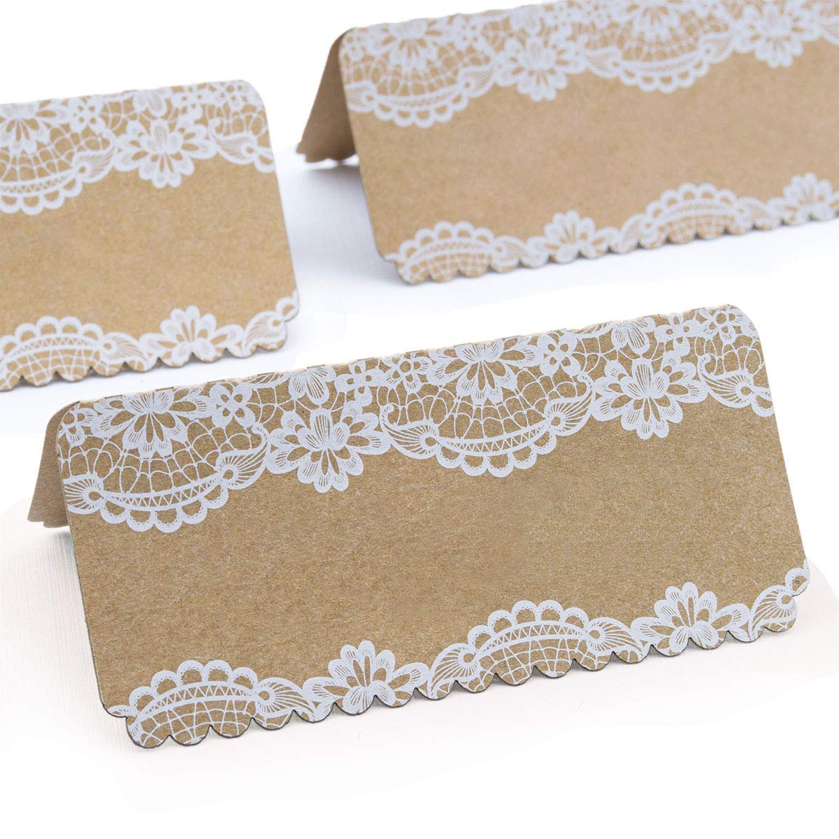 Summer-Ray 48 Place Cards with White Printing Lace for Wedding Parties (Kraft)