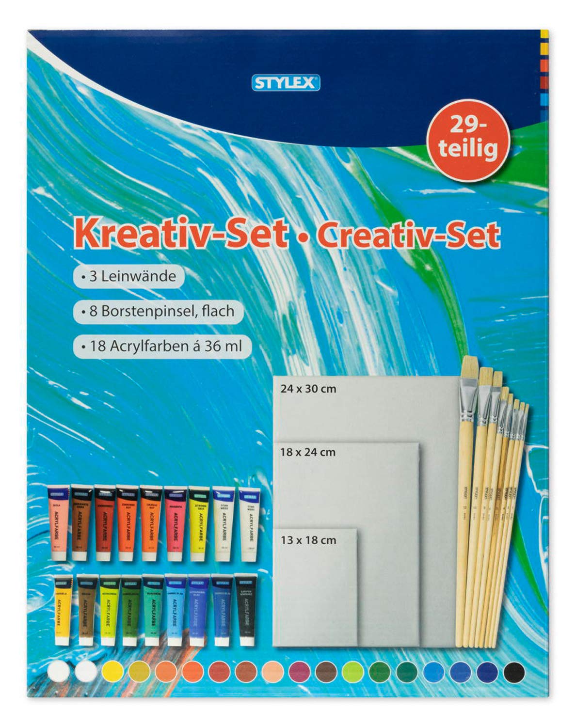 Stylex 28590 – Large creative set, 29 pieces with 3 stretcher frames, 8 flat bristle brushes and 18 acrylic paints, each with 36 ml, comprehensive complete set for a successful start to acrylic painting