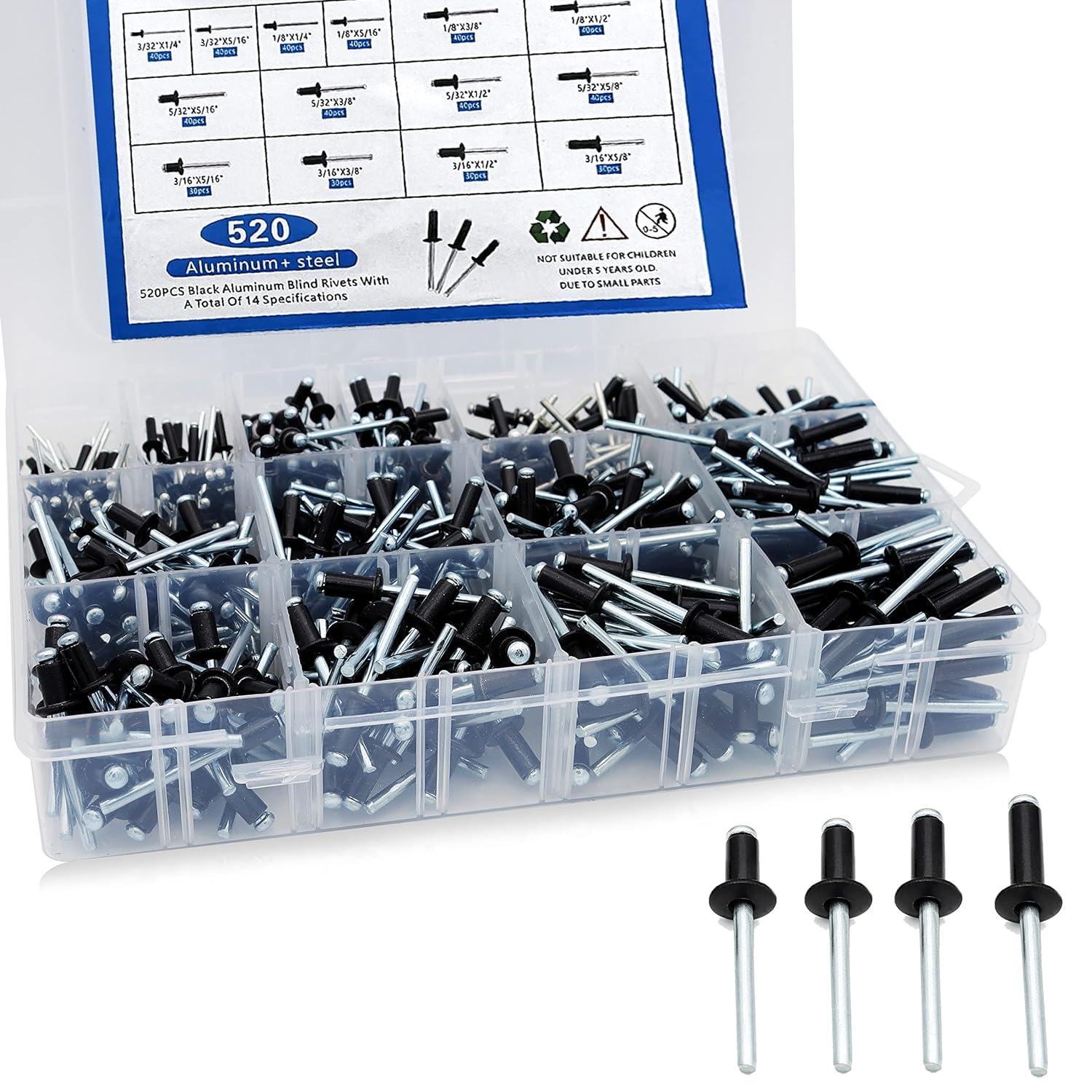 520PCS Pop Rivets Assortment Kit,14 SAE Sizes Black Aluminum Rivets Combination kit (3/32" 1/8" 5/32" 3/16" 1/4") Assorted Blind Rivets with Reinfored Divider (520)