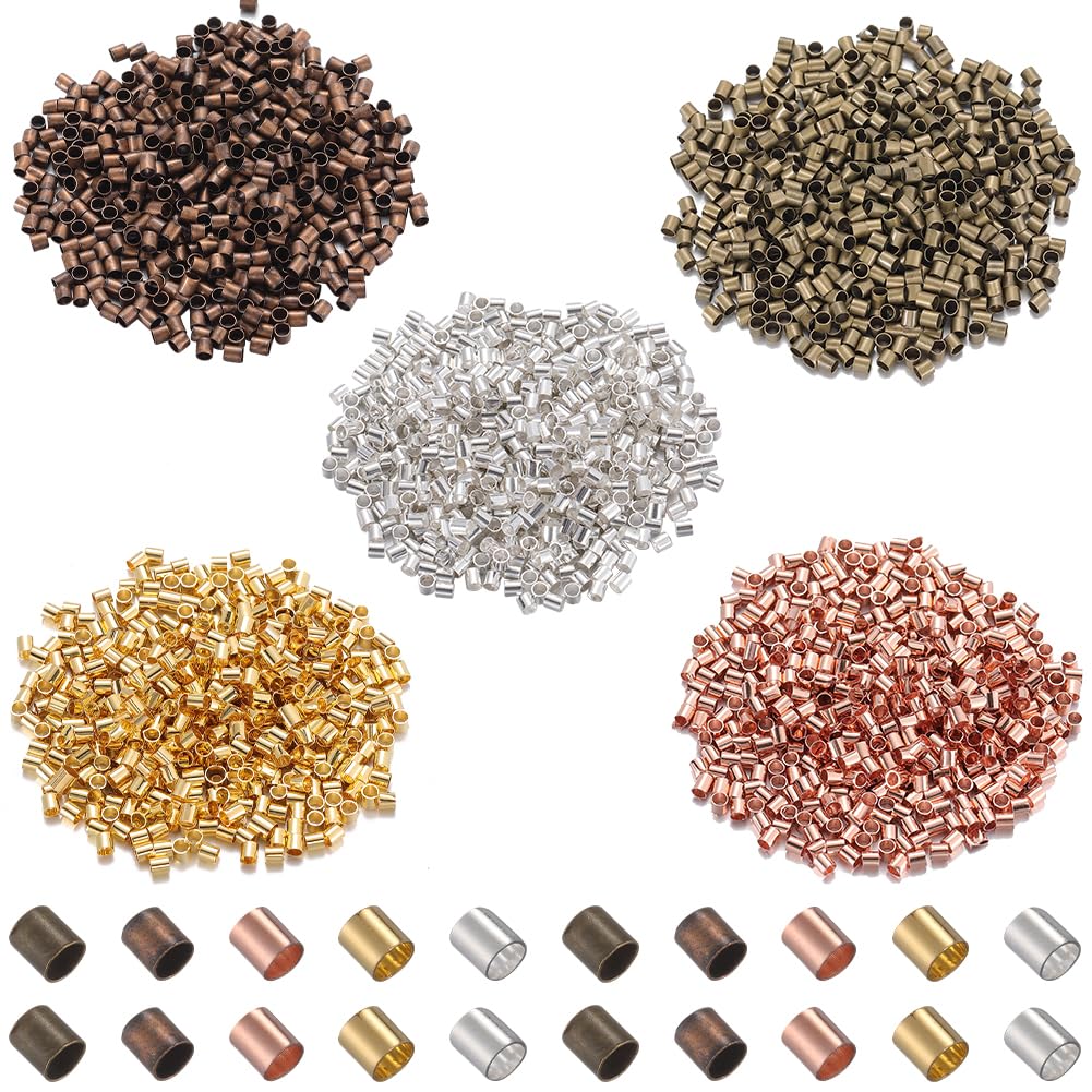 SOFPLATE 1 Box 3000Pcs 5 Colors 2mm Crimp Tubes Jewellery Crimp Beads Bulk Wire Cord End Caps Stopper Loose Bead Spacers 1.5mm Hole for Jewellery Making Necklace Bracelet Earrings Supplies DIY Crafts