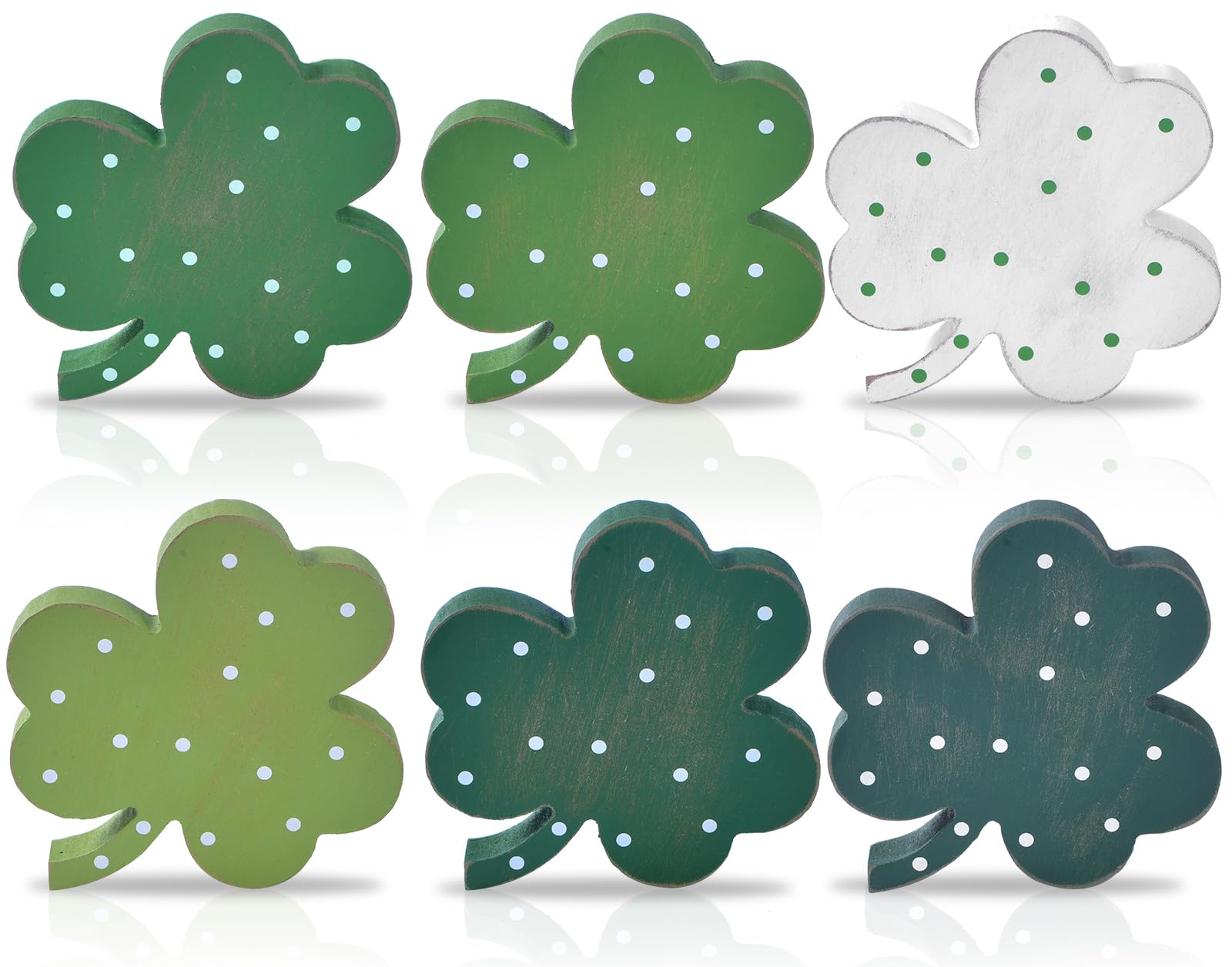 Photo 1 of St Patricks Day Decorations for Home, 6pcs Wooden Shamrock Decor Set in Green Tones, St. Patrick’s Day Table Centerpiece, Irish Lucky Table Decor for Tiered Tray Shelf Office Holiday Display (Green)