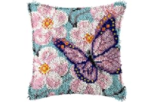 Ylkgogo Latch Hook Pillow Kits DIY Throw Pillow Cover Printed Canvas Butterfly Pattern Needlework Crafts for Kids and Adults 17" X 17"