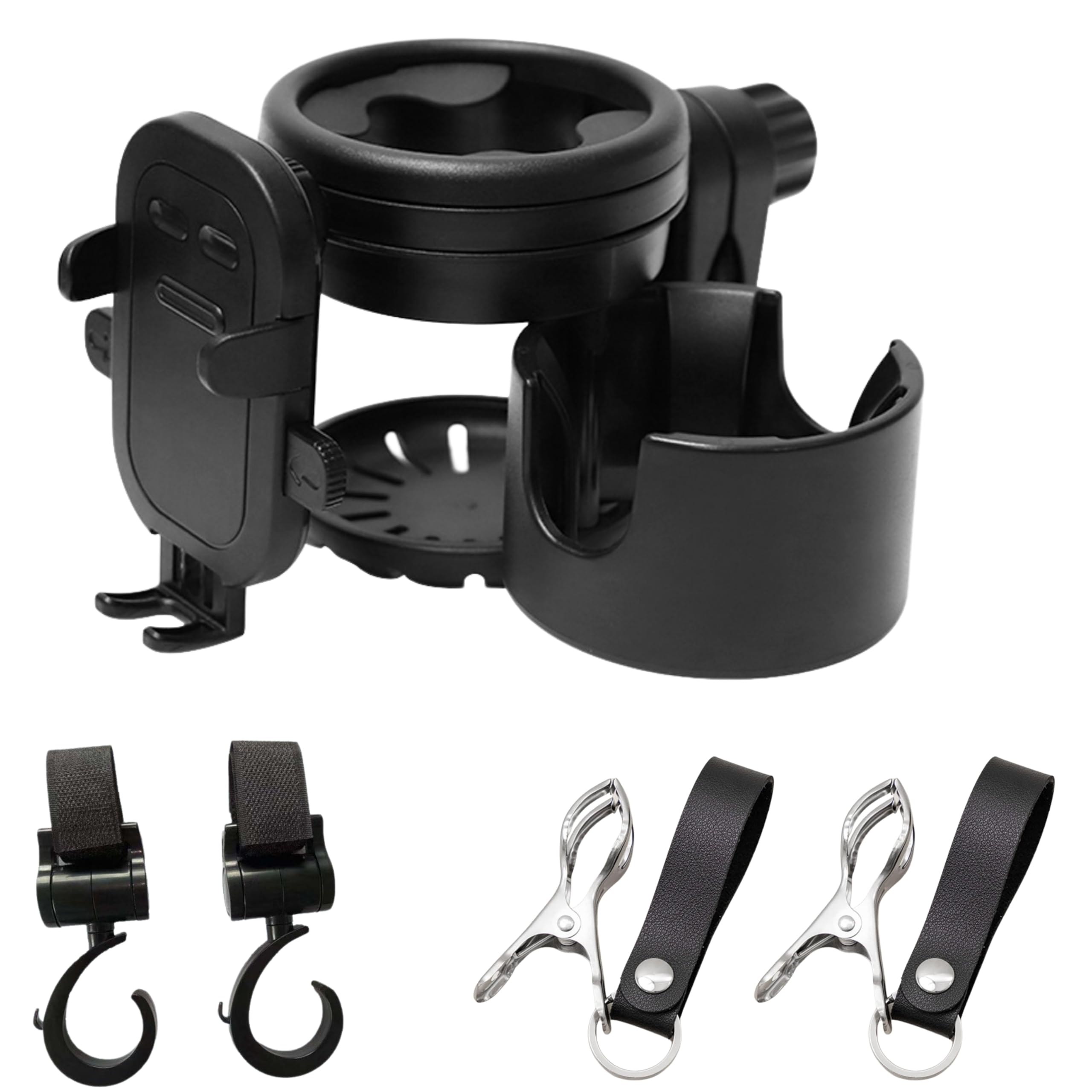 East Leaf ベビーカー ドリンクホルダー 2個置き + スマホホルダー ブランケットクリップ フック セット 黒 哺乳瓶 ペットボトル 360˚ 回転 2in1 (ドリンクホルダーx1、フックx2、クリップx2)商品画像