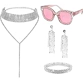 Fumwase 4pcs 70s Disco Costume Accessories for Women Halloween Party Cosplay Sunglasses Silver Bracelet Earrings Choker