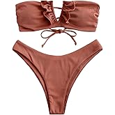 ZAFUL Women's Strapless Ribbed V Wired Lace Up Ruffle Tie High Cut Bandeau Swimsuits Bikini Set