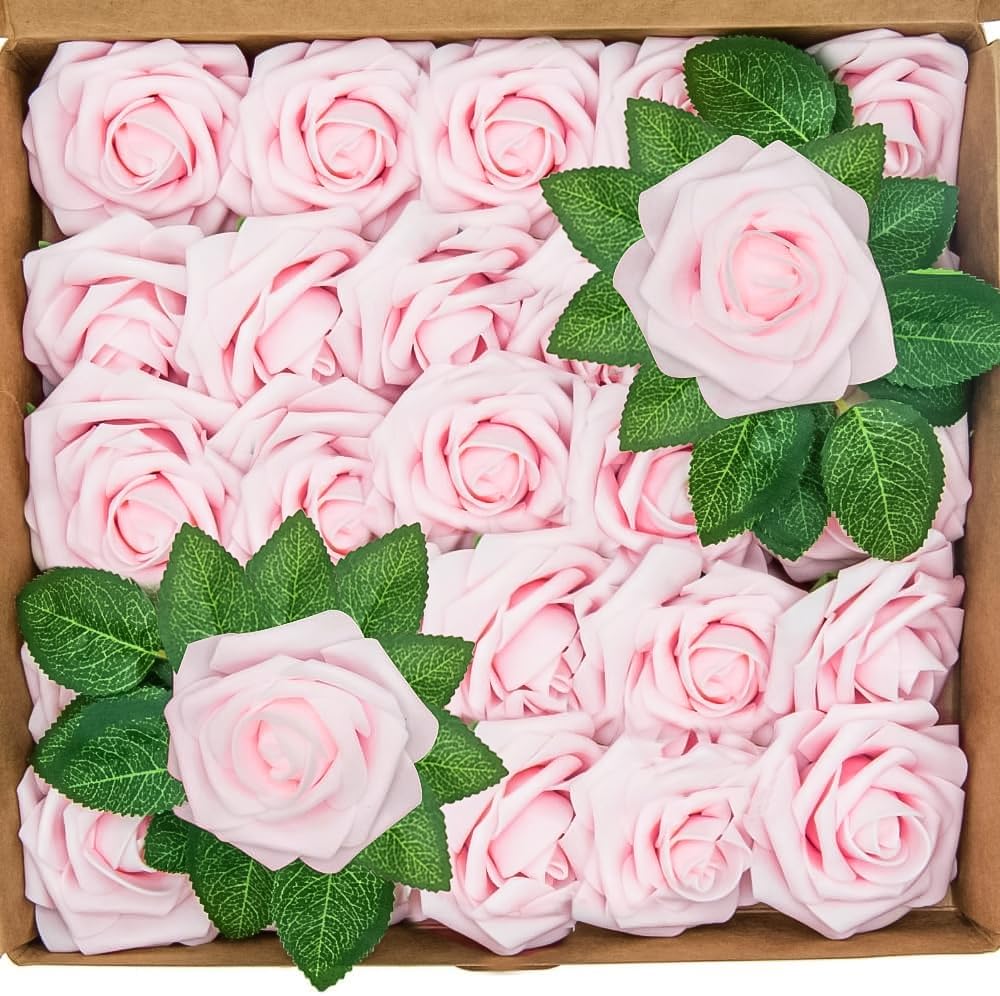 BELLE VOUS 50 Pack Artificial Flowers - Pink Foam Roses - 18cm/7.08 inches - Realistic Fake Flowers - Home, Party & Wedding Decorations - For DIY, Bridal Shower Bouquets & Centrepieces/Arrangements