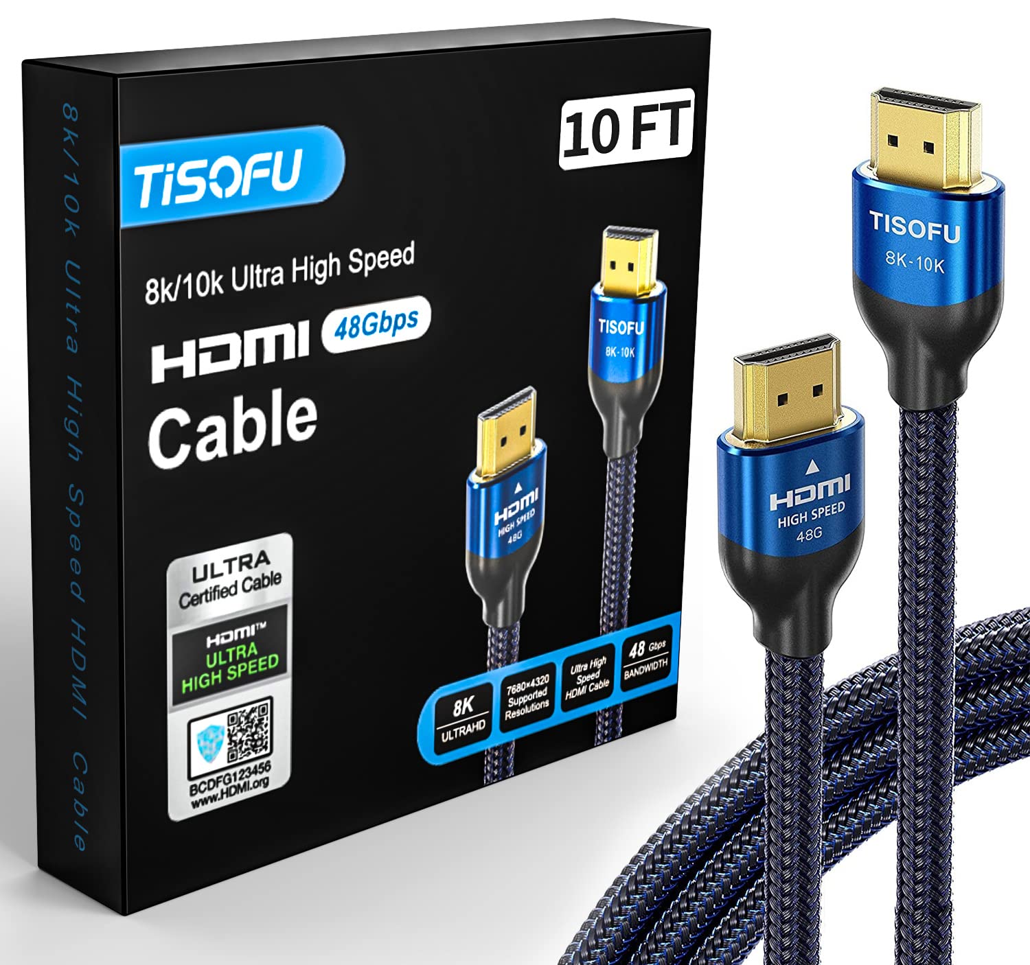 Photo 1 of TISOFU?Ultra Certified 10K 8K HDMI Cable 10FT: HDMI 2.1 Cables 48Gbps High Speed Premium Braided Cord 8K@60Hz 4K@120Hz 4K@144Hz HDCP 2.2&2.3 CL3 ARC eARC for HD/HDR/HDTV