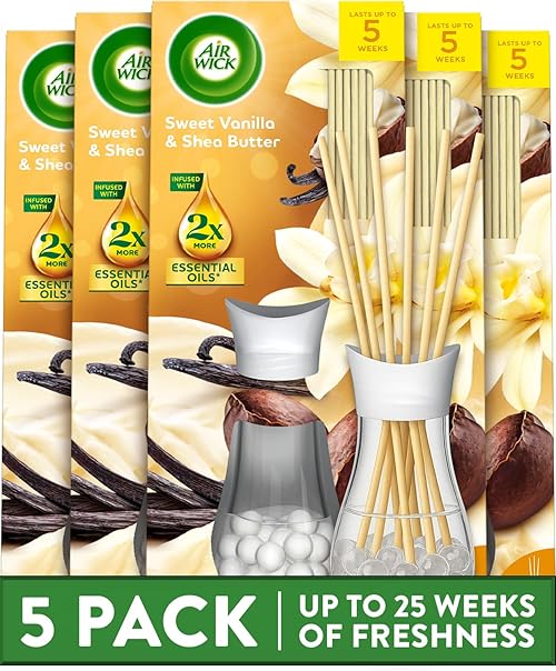 Air Wick Reed Diffuser Multipack, Sweet Vanilla and Shea Butter, Pack of 5 x 25 ml, 5 Weeks of Long-Lasting Freshness, Elegant Home Decor, Neutralizes Odors, Enhances Room Ambiance