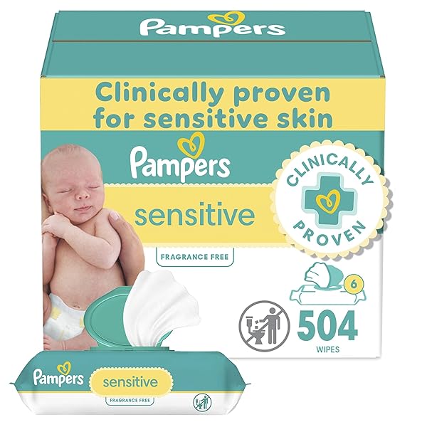 PAMPERS BABY WIPES SENSITIVE, WATER BASED BABY WIPES, HYPOALLERGENIC AND UNSCENTED BABY WIPES, 504 WIPES TOTAL (6 FLIP-TOP PACKS)