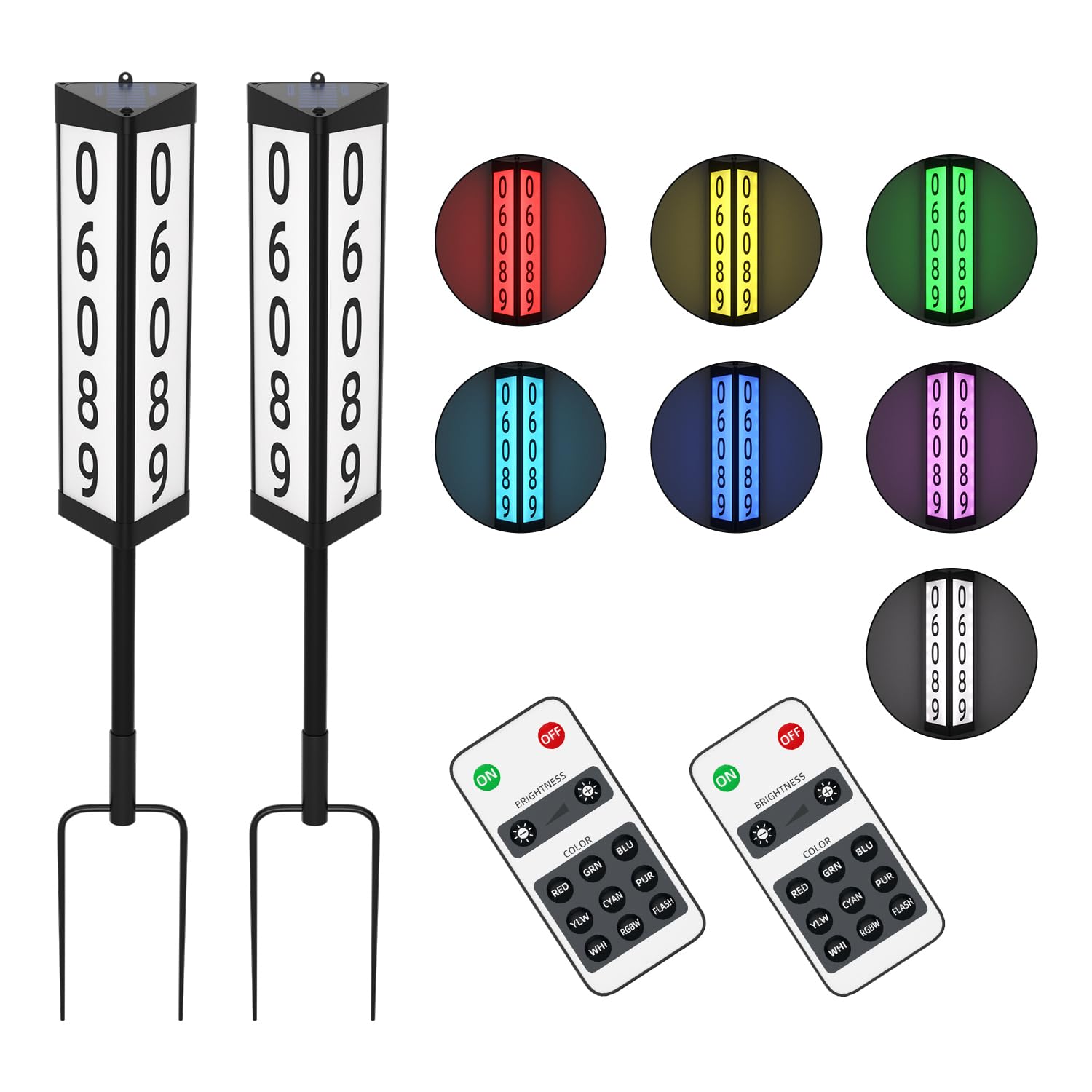 Photo 1 of 3 Side Solar Address Plaque, Lighted House Numbers for Outside, Waterproof RGBW Color Changing Remote Control, Led Illuminated Solar Address Sign with Stakes for Garden Street Home Yard 2 PACK
