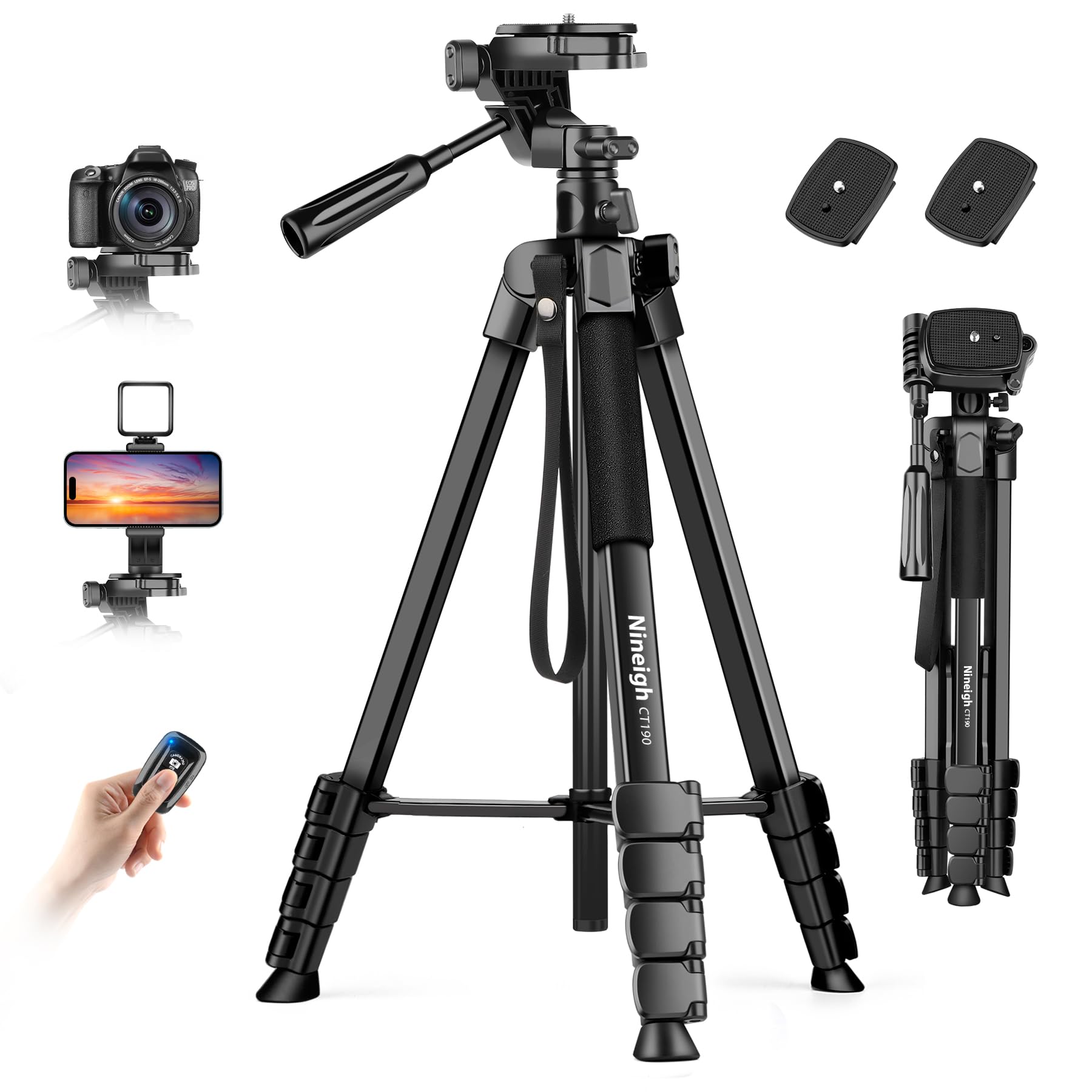 Nineigh Camera Phone Tripod, 75'' Lightweight DSLR Camera Stand with 3 Way Pan Head, Horizontal Tripod for Smartphone with Remote and Carry Bag for Travel Video Photography YouTube Vlog