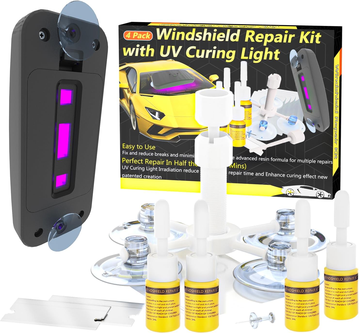 Windshield Repair Kit, Car Windshield Crack Repair for Chips & Cracks, Glass Repair Fluid with Vacuum Pressure Syringes, Car Windshield Chip Repair Kit Quick Fix for Chips, Cracks(Yellow)
