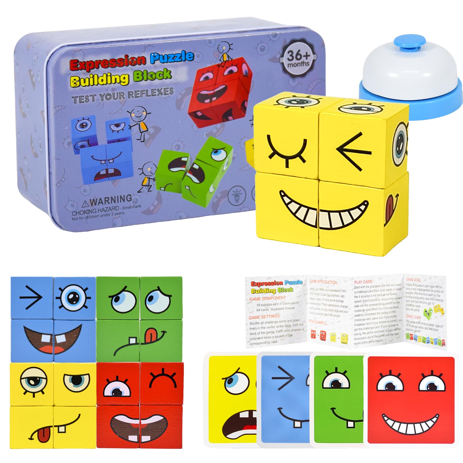 Elezeal Matching Puzzle Game Expressions, Face Changing Thinking Training Wooden Building Cube, Expression Wooden Cube Puzzle for Children,Great Party Game for Kids & Adults