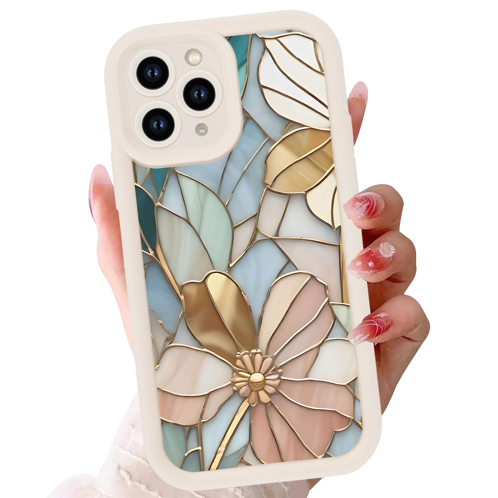 Cinysnt Aesthetic Flower Case for iPhone 16 Pro Max 6.9’', Cute Floral Pattern Stained Glass Case, Shockproof Soft Slim TPU Full Lens Protective Silicone Cover for Women Girls -White Gilt Flower