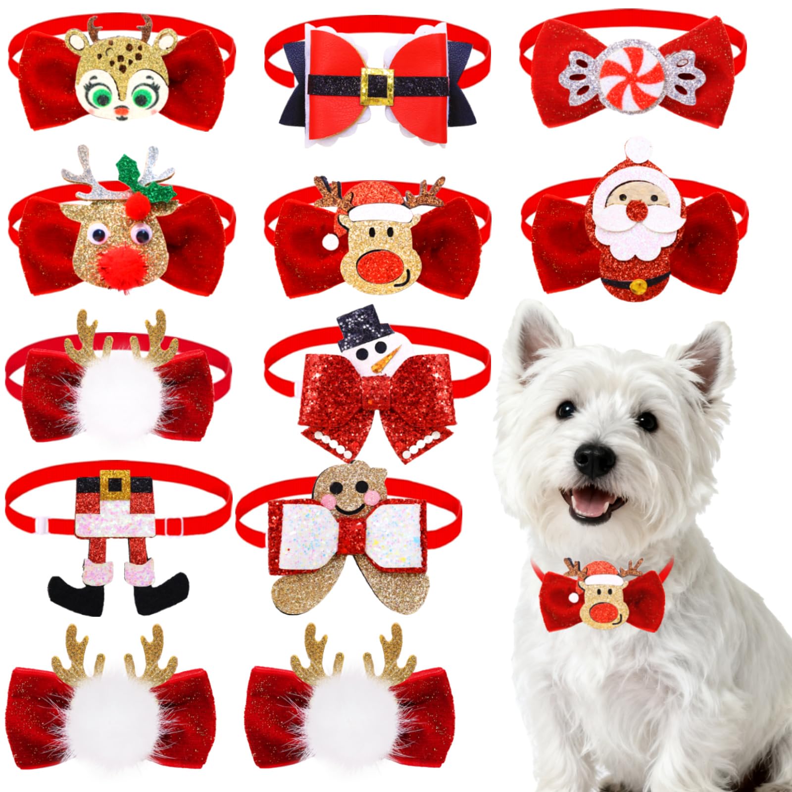 Photo 1 of 12PCS Christmas Dog Collar Bow Set, Red Series Pet Bowtie with Santa Reindeer Snowman Gingerbread Man Patterns, Festive Dog Collar Accessories for Holiday Party Decoration