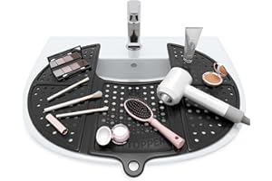 Sink Topper Bathroom Counter Cover & Storage Saver, Foldable Silicone Mat for Hot Tools, Hair Styling & Makeup, Beauty Brush Cleaning Mat, RV Camper Sink Cover & for Small Spaces (Standard Black)