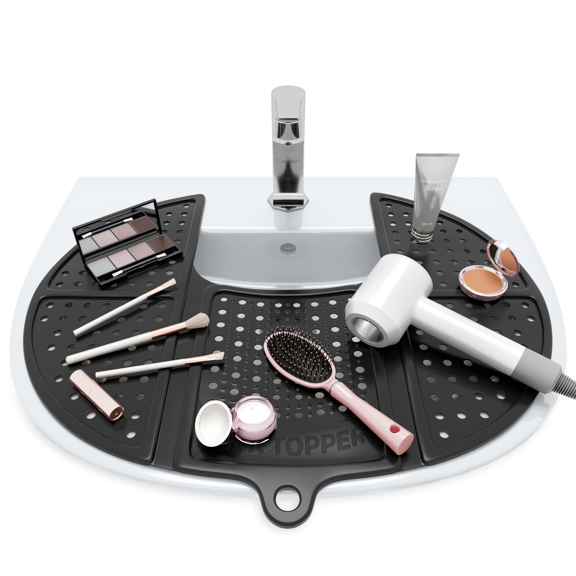 Photo 1 of Sink Topper Bathroom Counter Cover & Storage Saver, Foldable Silicone Mat for Hot Tools, Hair Styling & Makeup, Beauty Brush Cleaning Mat, RV Camper Sink Cover & for Small Spaces (Standard Black)