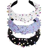 Sucrain 3 Pcs Pearl Knotted Headbands for Women Girls Colorful Jeweled Embellished Gem Faux Pearl Cross Knot Twisted Hairband Turban Headband Hair Accessories(Black,White,Blue)