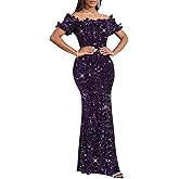 dasmzper Women Sexy Sequin Off Shoulder Ruffle Short Sleeve Bodycon Mermaid Party Formal Evening Maxi Dress