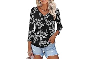 KTILG Women's V Neck T Shirts 3/4 Sleeve Blouse Summer Tops Dressy Casual Solid Basic Tees