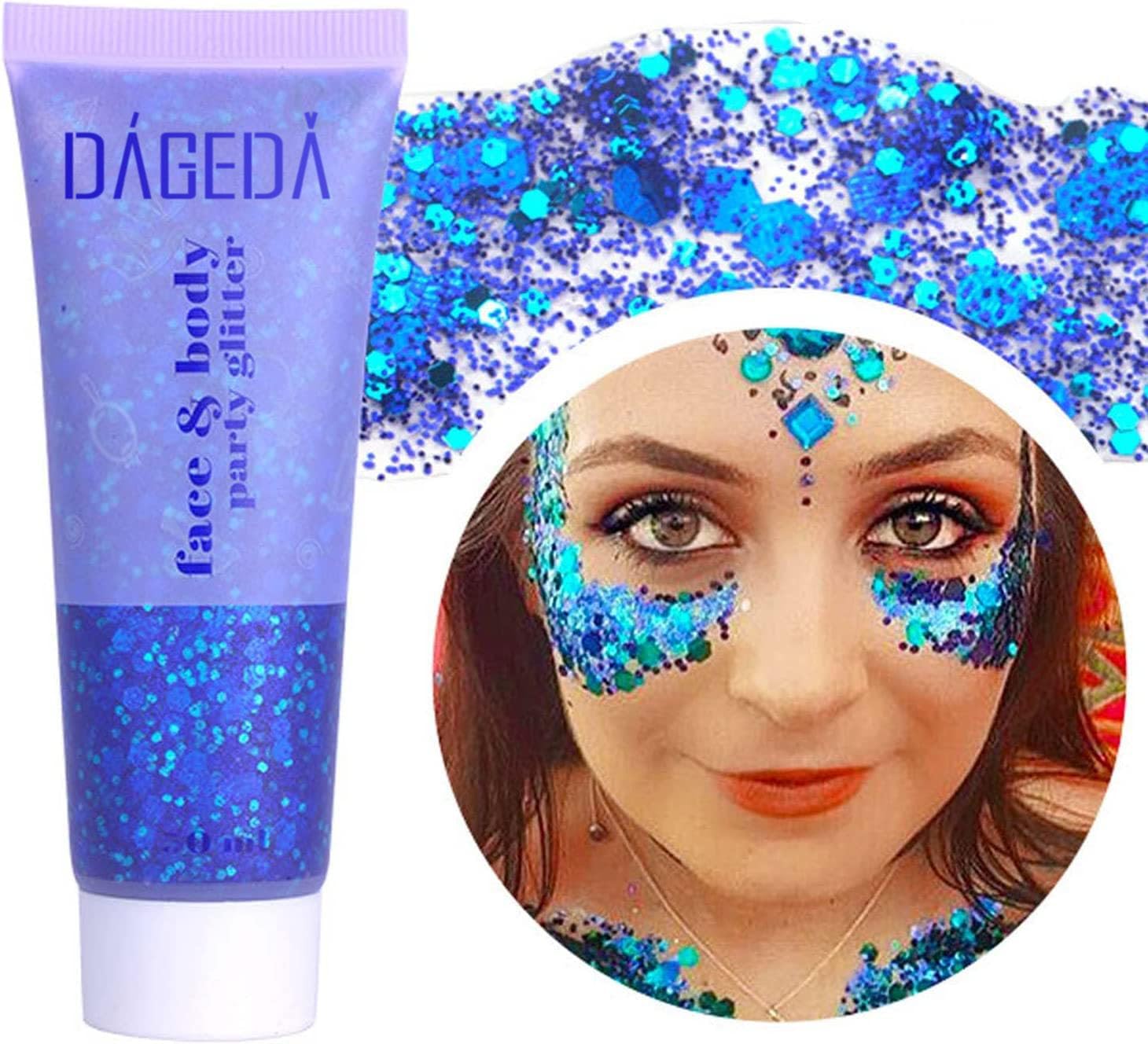 Prreal Body Glitter Gel 50ml, Face Glitters Body Gel Sequins Shimmer Liquid Eyeshadow, Chunky Glitter for Face Hair Nails, Holographic Cosmetic Laser Powder Festival Glitter Makeup#Blue