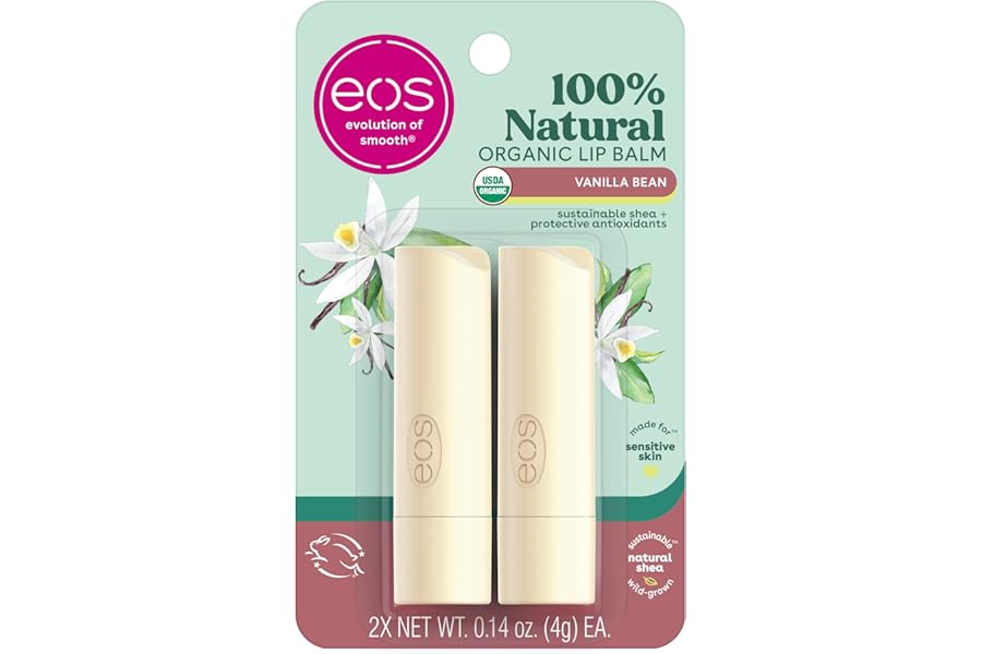 eos 100% Natural & Organic Lip Balm Sticks – Vanilla Bean, All Natural Lip Balm, All-Day Moisture, Dermatologist Recommended, 0.14 oz, 2-Pack