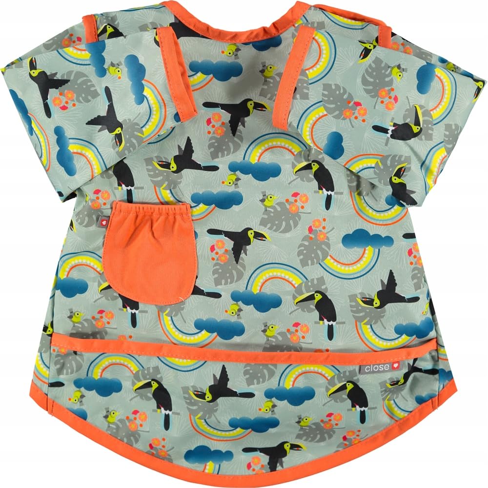 Close Pop-in Waterproof Baby Bibs Long Sleeve Bib with Front Pocket from 6 to 18 Months Old, Machine Washable at 40 Degrees, Toucan Print