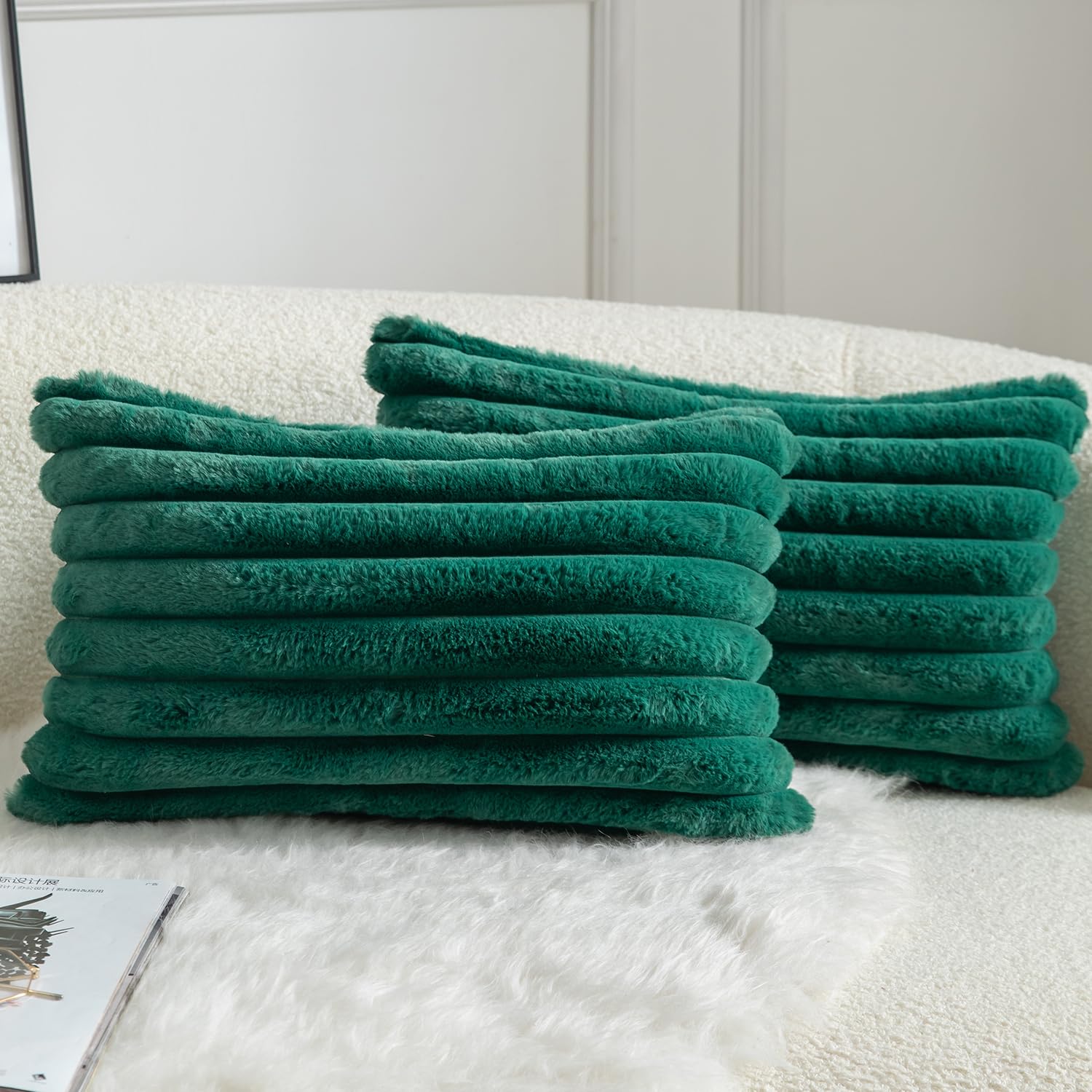 Mandioo Pack of 2 Decorative Cushion Covers 30cm x 50cm Faux Fur Striped Plush Soft Throw Pillow Covers Pillow Cases Bedroom Living Room Sofa Home 12x20 Inch Green