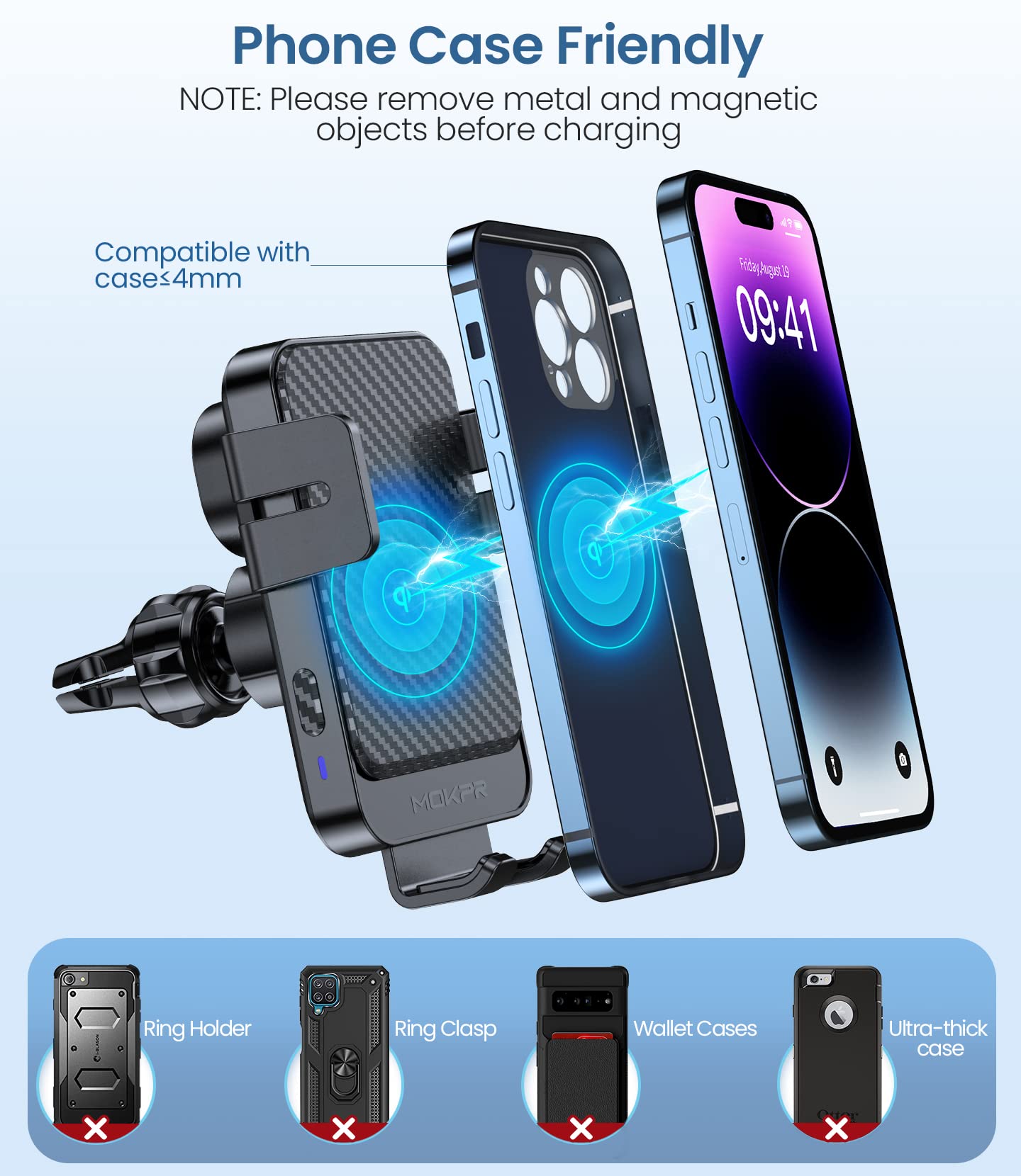 Wireless Car Charger, MOKPR 15W Fast Charging Auto-Clamping Car Mount Universal Hands-Free Car Charger Mount for Dash Windshield Air Vent Compatible with iPhone 16 15/14/13/12, Samsung S23/S22/S21,etc