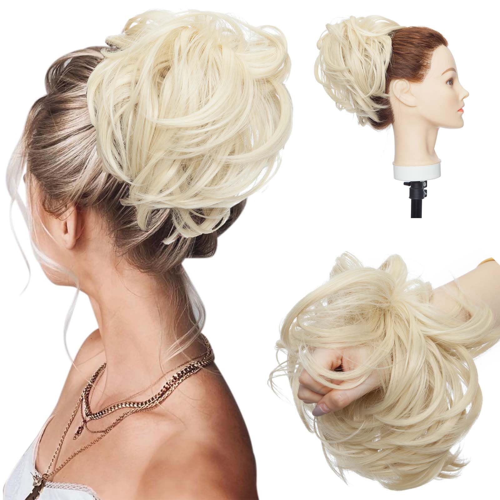 Tousled Updo Messy Bun Hair Piece with Elastic Scrunchie Ponytail Extensions Synthetic Hair Extensions for Women Bleach Blonde