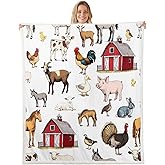 Farm Animals Fleece Blanket - Rustic Farmhouse Throw for Boys & Girls, Horse, Chicken, Rooster, Bull, Cattle, Cow, Sheep, Pig, Duck, Goose - Country Style Fuzzy Blanket, 40"x50" Room Decor