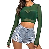 Avidlove Women Mesh Crop Top Long Sleeve See Through Shirt Sheer Blouse O Neck Clubwear S-4XL