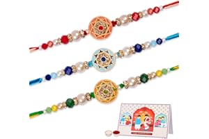 IndoTribe, Rakhi For Brother with Gift Set - Set of 3, Rakhi For Brother with Card, Roli Chawal | Rakhi for Brother and Bhabhi | Rakhi For Brother | Bhaiya Bhabhi Rakhi | Raksha Bandhan Rakhi