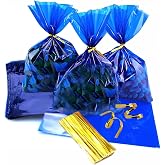 prxififeq Blue Cellophane Treat Bags with Gold Twist Ties, 100PC 6x9 Inch Clear Cellophane Bags for Candy,Cookies Treats and Gifts,Party Supplies