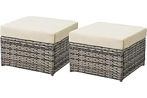 FHFO 2 Pieces Outdoor Patio Ottoman, All Weather Rattan Footstool Footrest Seat with Removable Cushions for Wicker Patio Furniture,Grey-Beige