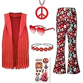 Fairy Sassy Girls 60s 70s Hippie Costume Disco Outfits Halloween Fringe Vest Flared Pants Hippie Accessories Set