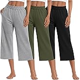 Sweetyweee 3 Pack Women's Wide Leg Capris Loose Cropped Yoga Pants Elastic Soft Sweatpants Capri Trousers with Pockets