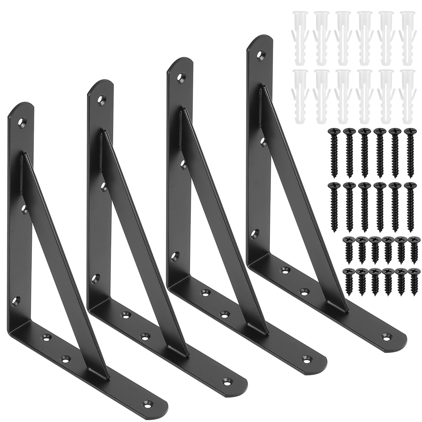 4 Pcs Shelf Brackets Heavy Duty, Wall Brackets for Shelves, Black Metal Triangle Shelving Brackets for Wall Mounted, Floating Shelf Supports, 90 Degree Right Angle Bracket (Black 7.87x5.9x0.98 inch)