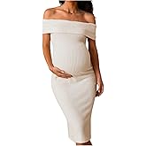 MakeMeChic Women's Maternity Dress Off The Shoulder Knit Short Sleeve Bodycon Pregnancy Midi Dresses