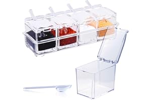LIOUCBD Clear Seasoning Box, 4 Pieces Acrylic Seasoning Rack Spice Jars with Spoons, Storage Container Condiment Jars with Lids, Ideal for Salt Sugar Cardamon Cruet Cinnamon