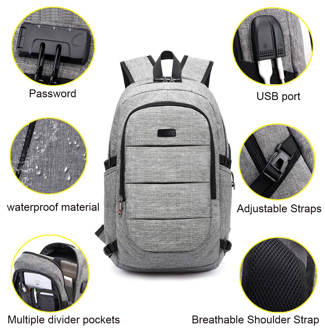 Laptop Backpack Business Travel Computer Backpack Anti Theft Waterproof Bag with USB Charging Port & Headphone Interface for College School Students Women and Men Fits for 15.6 Inch Laptop … (Grey)