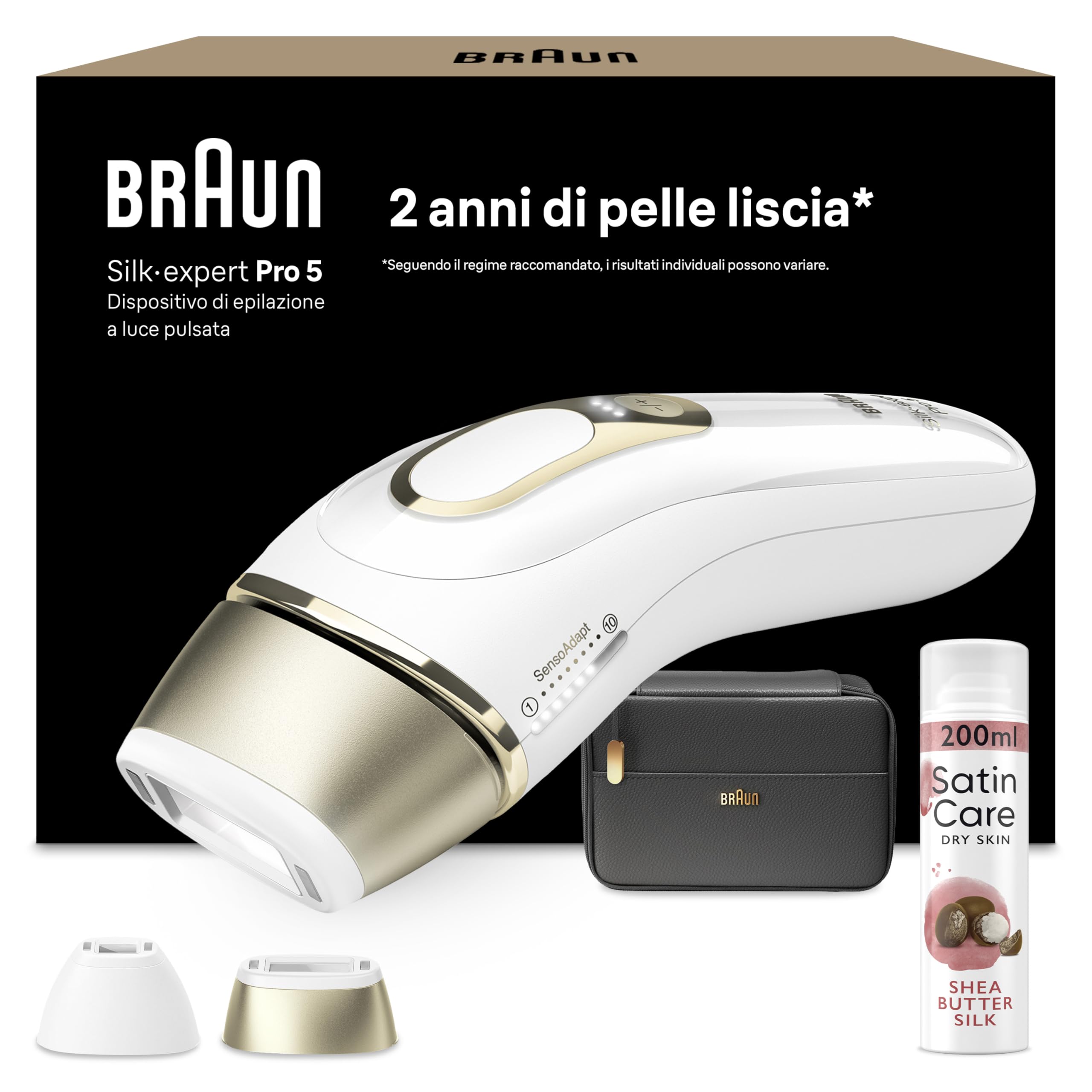 Braun Silk·expert Pro 5 Epilatore Luce Pulsata, Epilazione A Casa, Alternativa All’Epilazione Laser, Con Custodia, 2 Testine, Idea Regalo, Bianco/Oro, PL5140 e Satin Care Gel Per Depilazione Karite