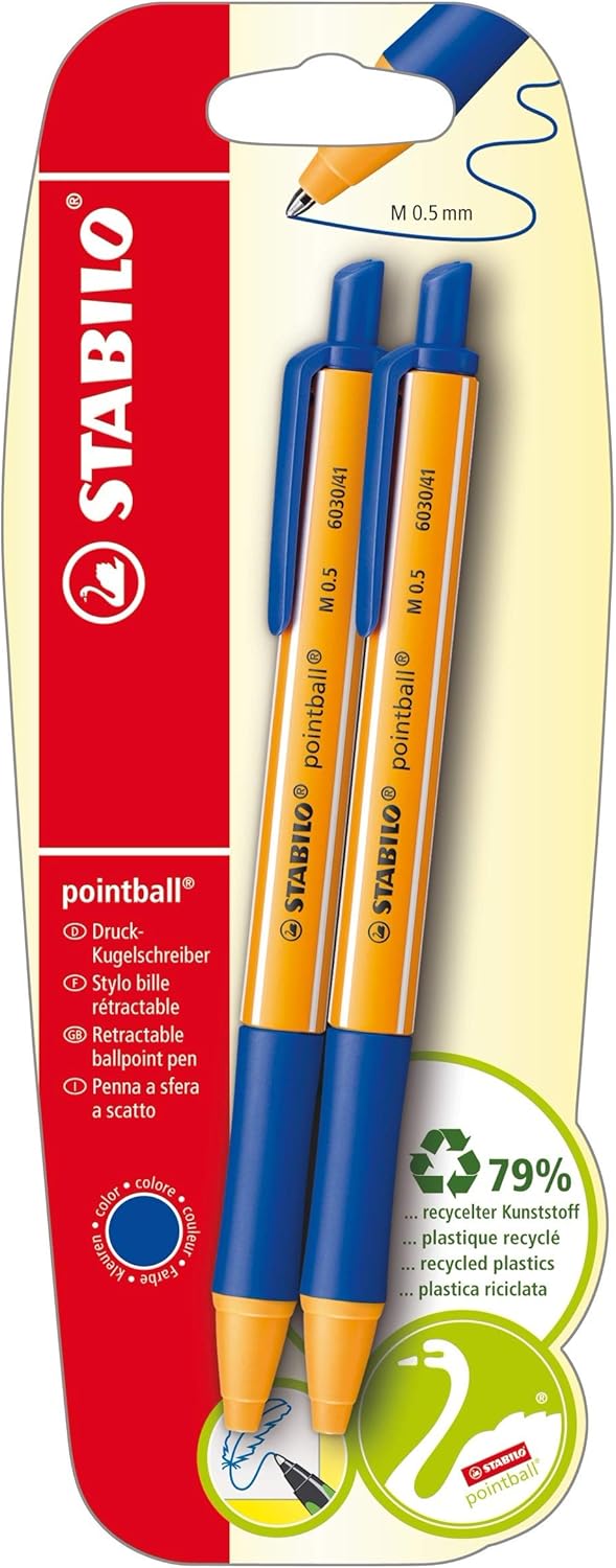 STABILO Pointball Retractable Ballpoint Pen 79% Recycled Plastic (Box of 10 Blister Packs of 2) Blue, 2 count (Pack of 1)