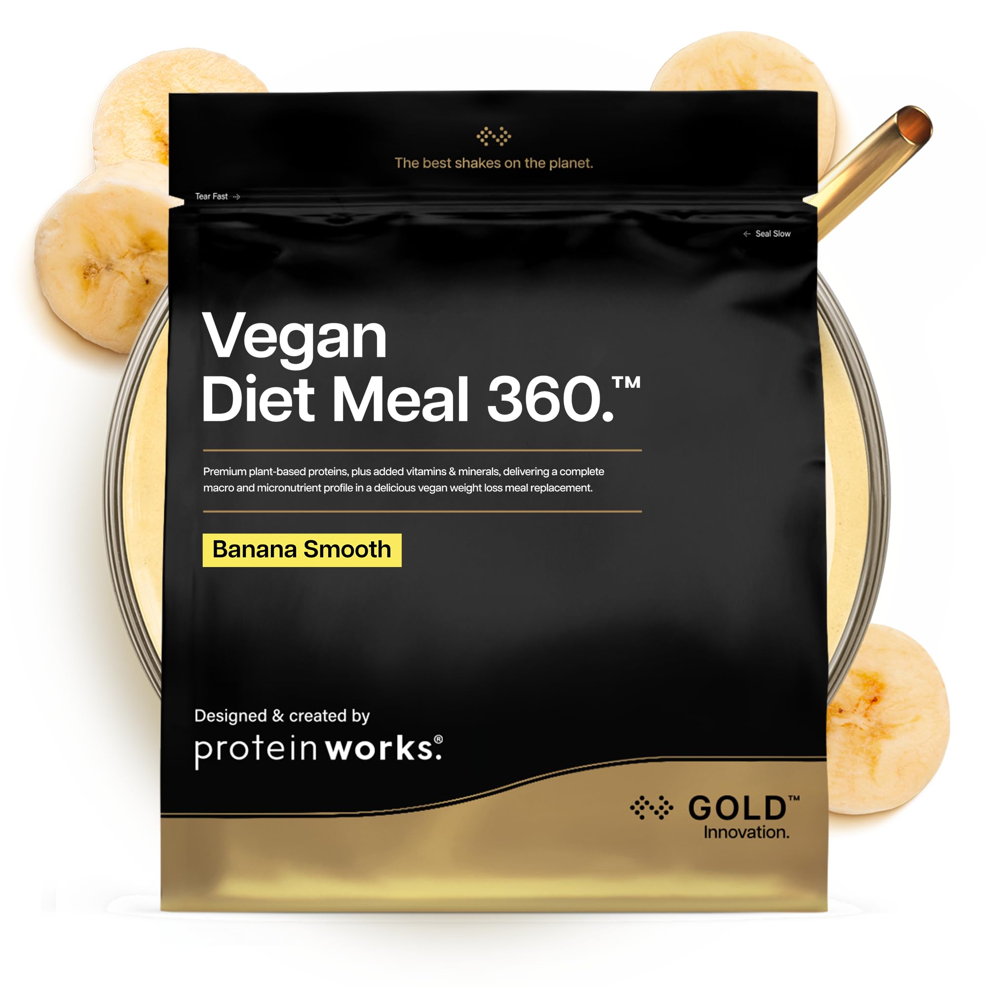 Protein Works | Vegan Diet Meal 360 - GOLD Innovation, Vegan Protein, Diet Meal Replacement Shake, Supports Healthy Weight Loss, Low Sugar, High Fibre, Banana Smooth, 7 Meals, 500g