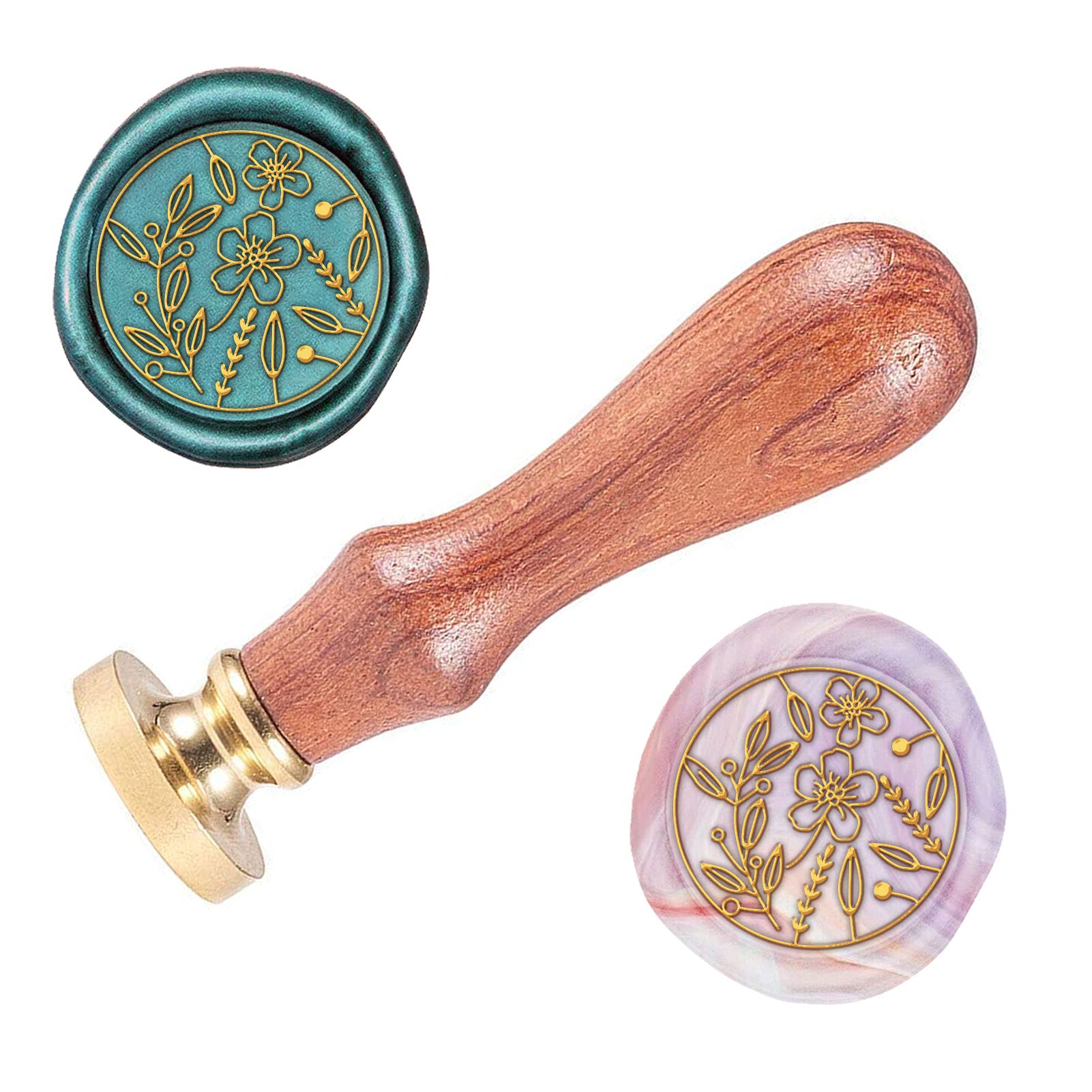 SUPERDANT 25mm Pattern of Flowers and Leaves and Grass DIY Wood Wax Seal Stamp Removable Sealing Stamp with Brass Head and Wood Handle for Wedding Invitation Gift Bag Letter Document
