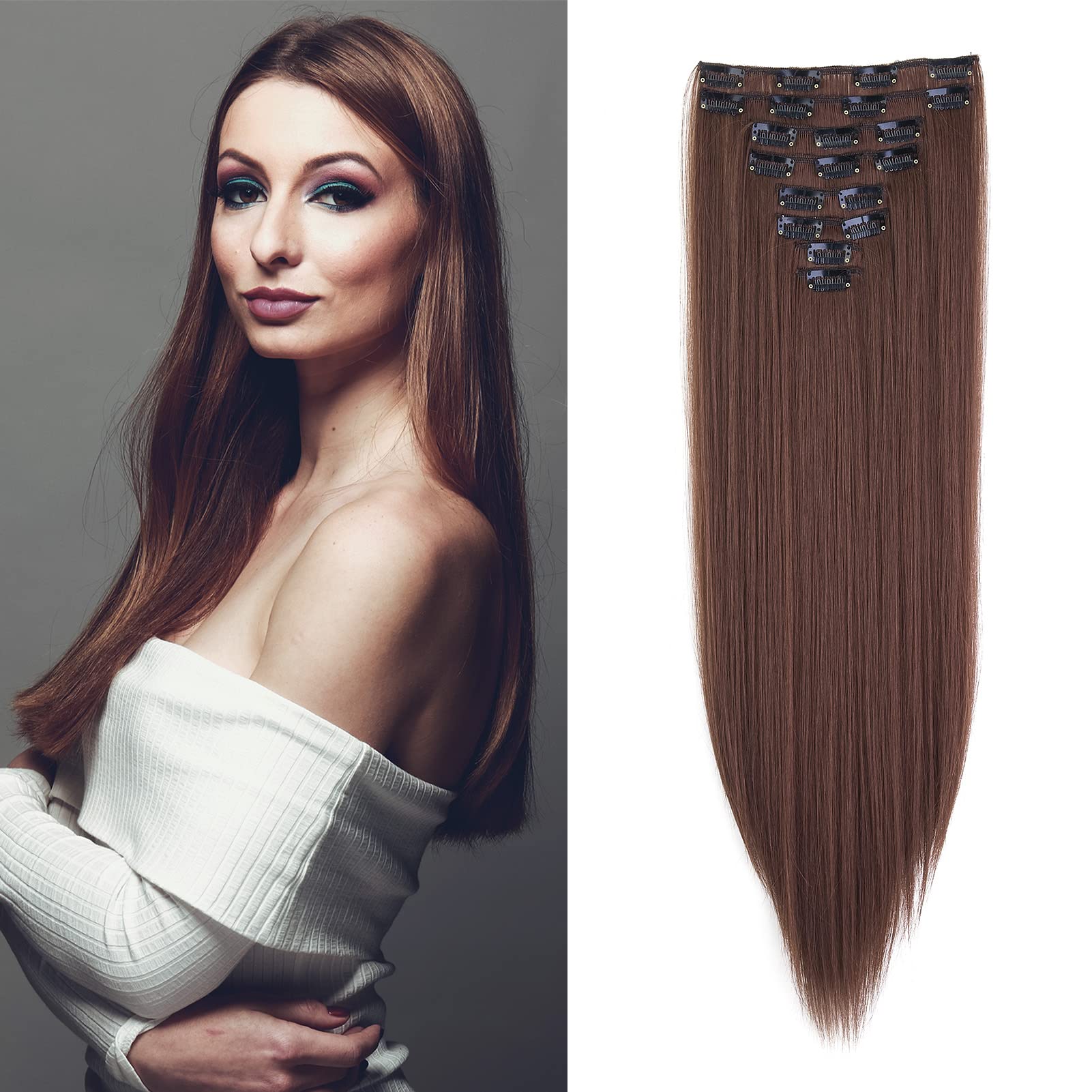 Gairyan 24inch Straight Clip in Hair Extensions Long Full Head Hair Extension 8PCS Synthetic Hairpiece Natural Look for Women (Dark Auburn) — image 1