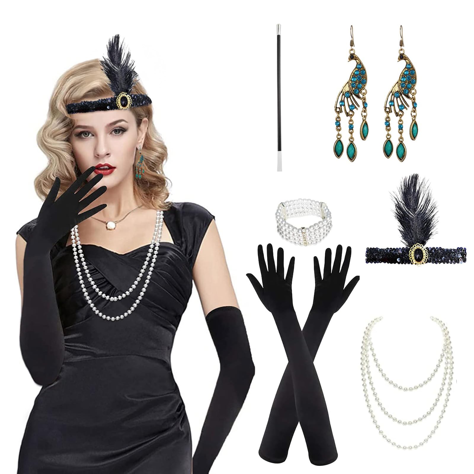 Roontin 1920s Accessories Set, Fashion Vintage Roaring 20's Gatsby Theme Flapper Costume for Women, with Peacock Feather Headband Pearl Necklace Cigarette Holder Earrings Long Gloves Bracelet