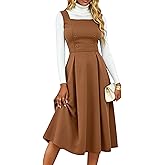 ZEEJINNG Womens Sleeveless Square Neck A Line Midi Tank Dress Double Breasted Casual Flowy Elegant Dresses