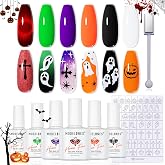 modelones Halloween Gel Nail Polish Set with Magnet &amp; Stickers, Hema-Free | 6 Colors White Black Pumpkin Orange Purple Cat Eye Red Green Fall Gel Polish kit, UV Soak Off DIY at Home Salon Gift for Girl