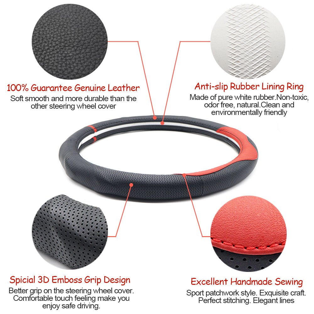 LOCEN Genuine Leather Steering Wheel Cover Universal Car Outer Diameter 38cm/15\